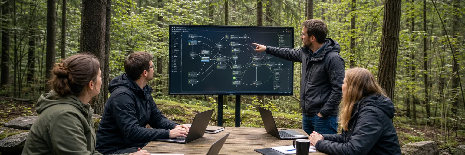 Softwareteam in einem Büro bespricht an einem Monitor schematische Datenflüsse zwischen verbundenen Systemen.