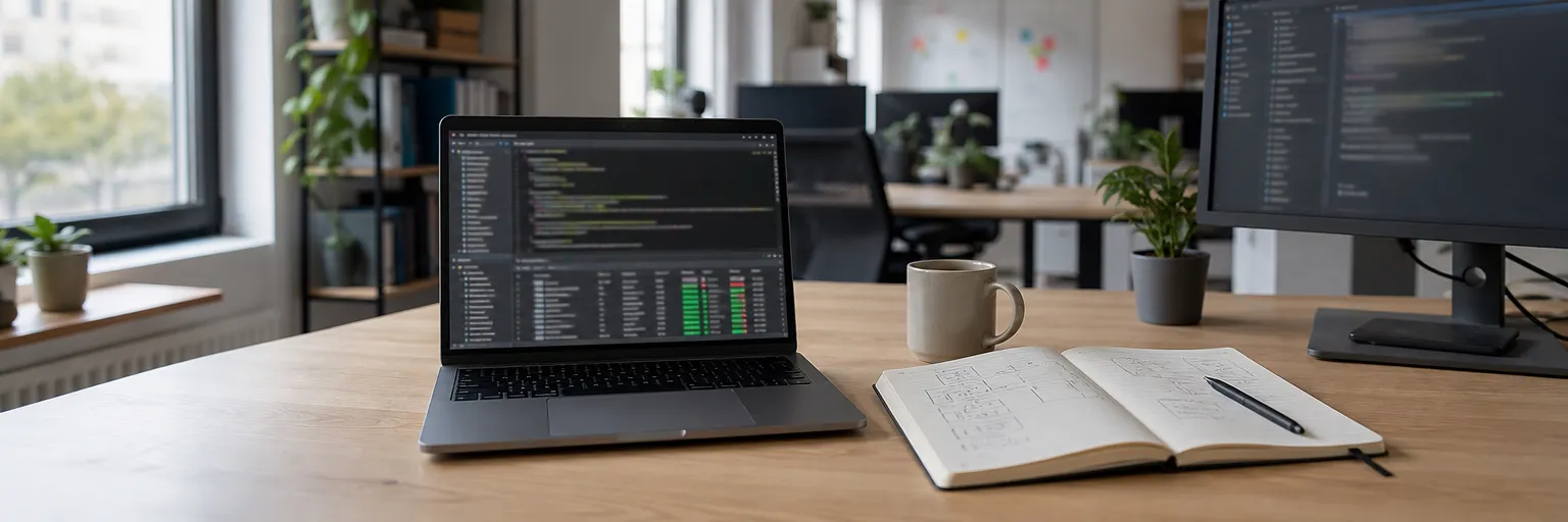 Entwicklerarbeitsplatz mit Laptop, Diagrammnotizen und Testübersicht in einem hellen Büro.