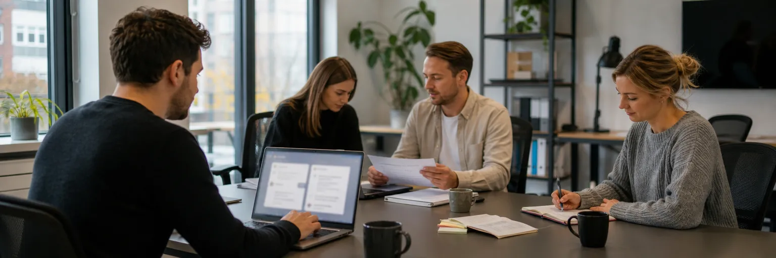 Team in einem deutschen Büro arbeitet an Laptop, Briefingunterlagen und Notizen für KI-gestützte Content- und Support-Workflows.
