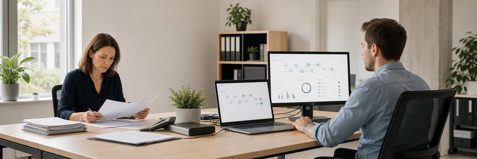 Zwei Mitarbeitende prüfen in einem hellen Büro digitale Workflows und Papierbelege an einem Schreibtisch.