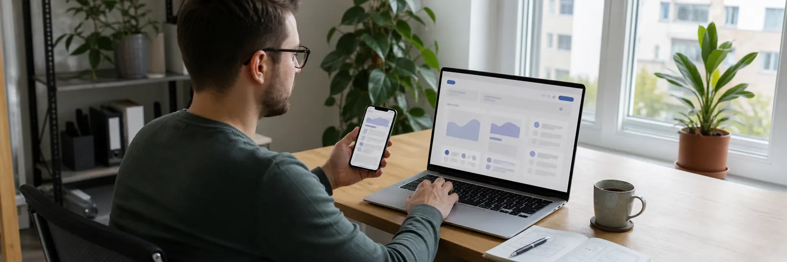 Hände testen an Laptop und Smartphone eine interaktive Weboberfläche mit schlichten UI-Komponenten.